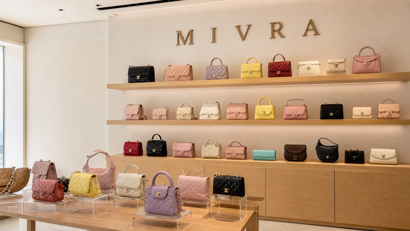 The bright MIVRA studio with colorful classic handbags on light wood shelves